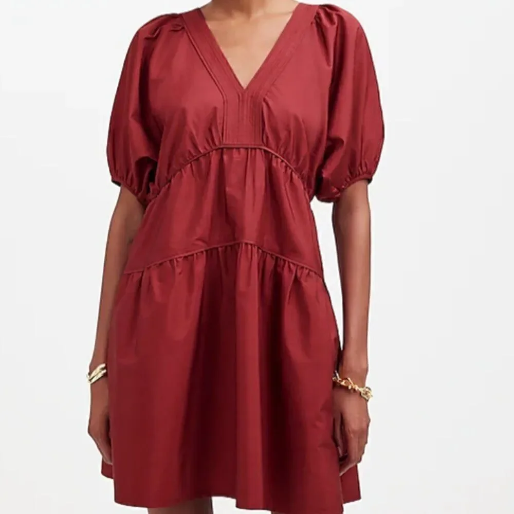 Madewell Puff-Sleeve Mini Dress in Poplin Claret burgundy  NWT